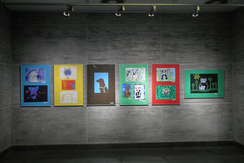 Na fotografii widać dwanaście dziecięcych prac o różnej tematyce: misie, koty, psy, motyle i portret.