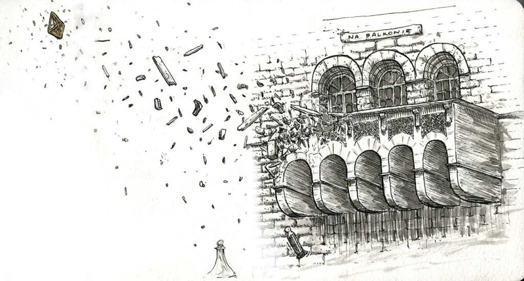 Szara ilustracja na białym tle przedstawiająca jeden z balkonów Zamku. Nad arkadami okien pojawia się napis „Na balkonie”. Część balkonu rozpada się na kawałki, widać deski i kamienie, które odlatują w lewy górny róg rysunku.
