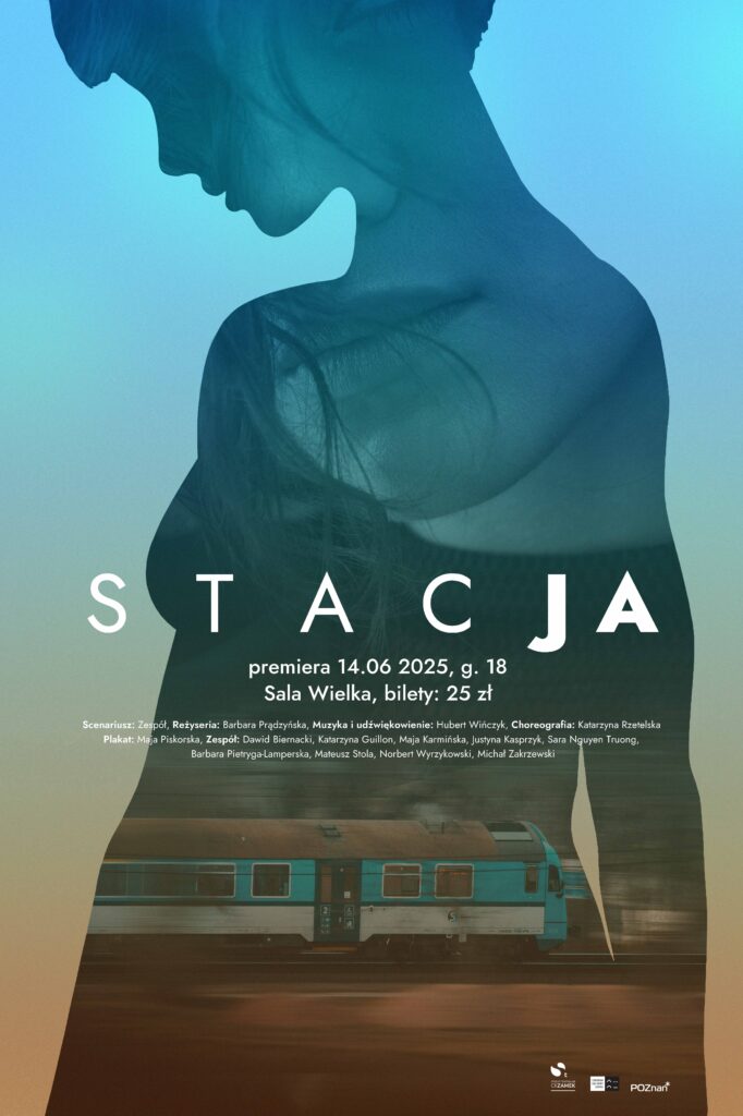 Plakat do spektaklu "stacJA" Nakładające się na siebie postać młodej dziewczyny, twarz młodej dziewczyny i lokomotywa. Tonacje niebiesko-zielone.