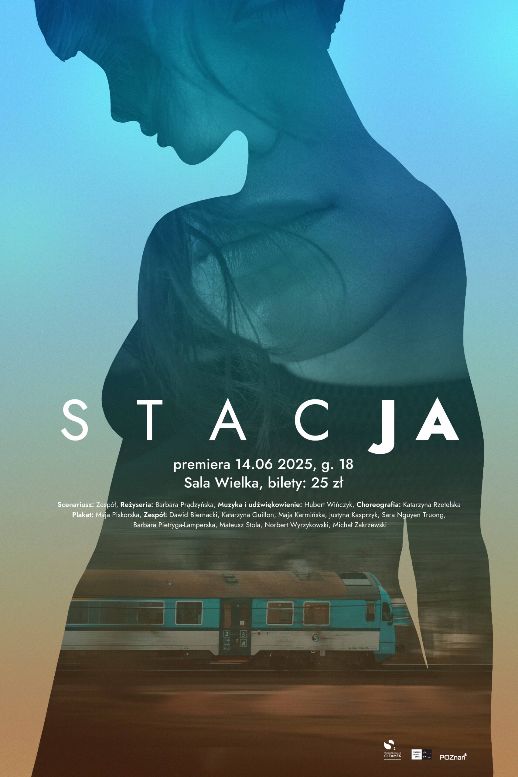 Plakat do spektaklu "stacJA" Nakładające się na siebie postać młodej dziewczyny, twarz młodej dziewczyny i lokomotywa. Tonacje niebiesko-zielone.